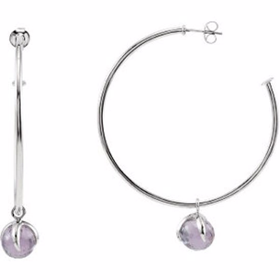 68861:10300:P Sterling Silver 50mm Hoop Earrings with 10mm Amethyst Dangle and Box