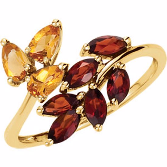 69590:101:P Citrine & Mozambique Garnet Leaf Design Bypass Ring