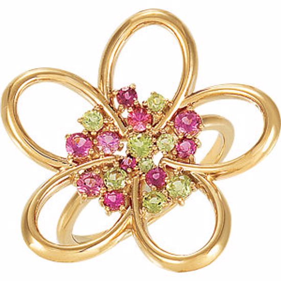 71584:600000:P 14kt Yellow Peridot & Pink Tourmaline Floral Ring