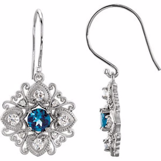 85373:60001:P 14kt White London Blue Topaz & 1/2 CTW Diamond Vintage-Inspired Earrings 