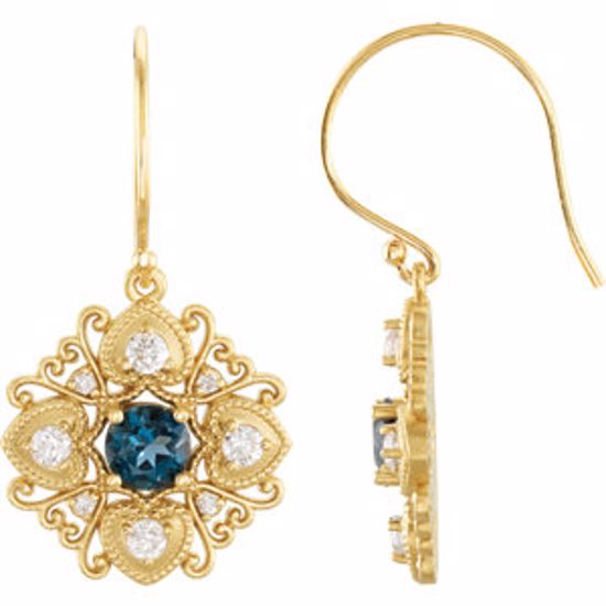 85373:60000:P 14kt Yellow London Blue Topaz & 1/2 CTW Diamond Vintage-Inspired Earrings 