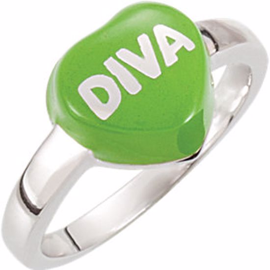 85534:100:P Green Enamel "Diva" Heart Shaped Ring