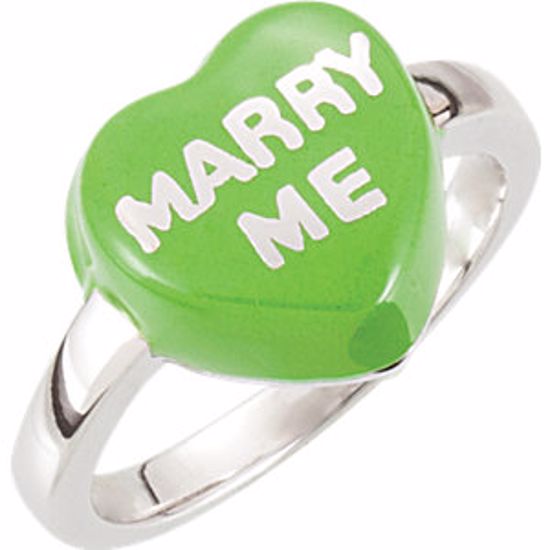 85534:135:P Green Enamel "Marry Me" Heart Shaped Ring