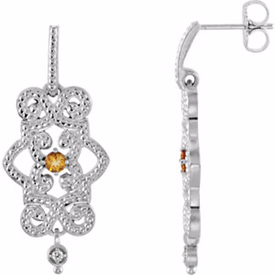 85332:60000:P 14kt White Citrine & .03 CTW Diamond Granulated Design Dangle Earrings 