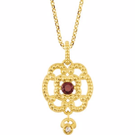 85337:60001:P 14kt Yellow Mozambique Garnet & .015 CTW Diamond Granulated Design 18" Necklace