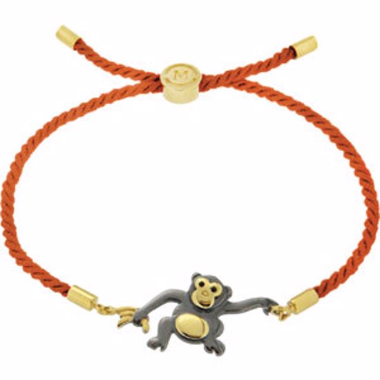 650001:613:P 18kt Yellow Vermeil & Black Rhodium Plated Monkey Red Satin 8" Bracelet for Mischief 