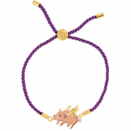 650001:615:P 18kt Yellow & Rose Vermeil Flying Pig Purple Satin 8" Bracelet for Luck