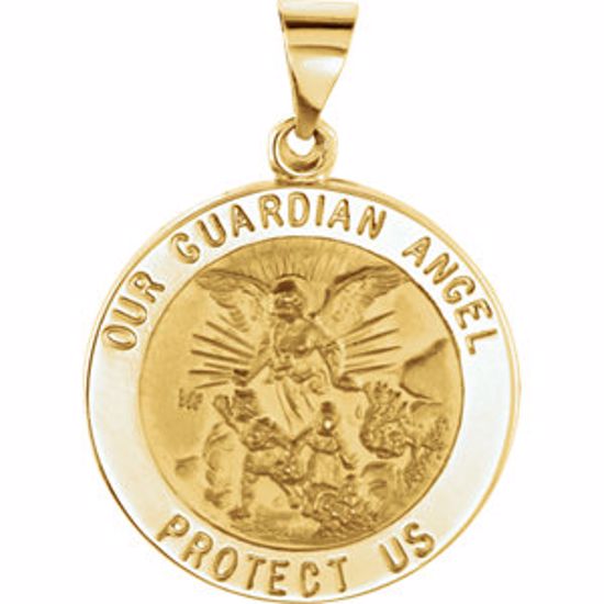 R45332:101:P 14kt Yellow 21.75mm Round Hollow Guardian Angel Medal