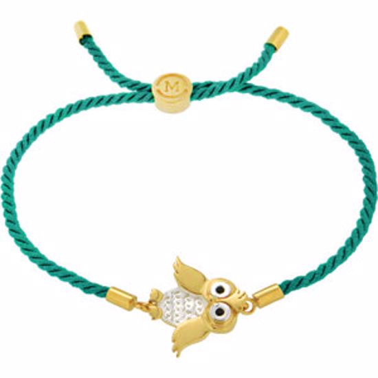 650658:6170:P 18kt Vermeil Owl 8" Teal Satin Rope Bracelet for Wisdom