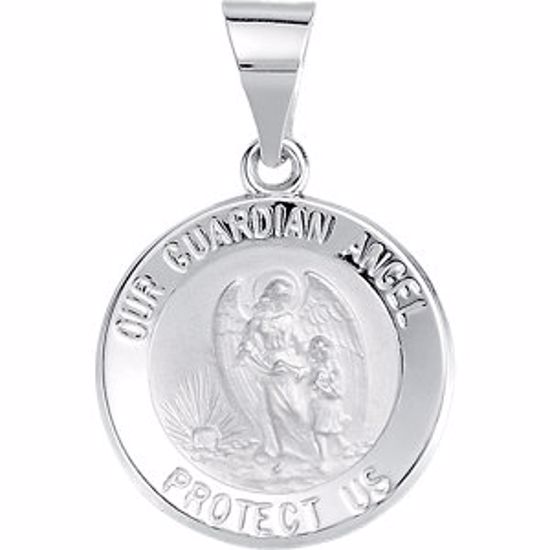 R45342:102:P 14kt White 15mm Round Hollow Guardian Angel Medal