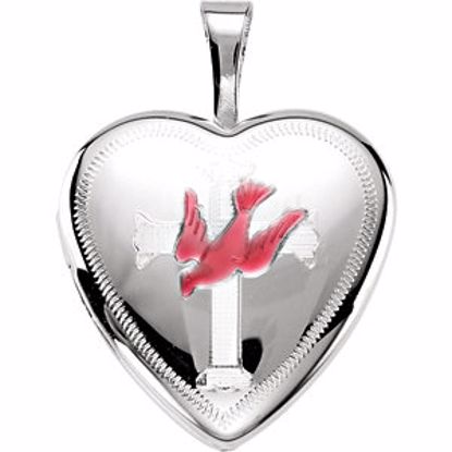 R45355:501:P Sterling Silver Dove & Cross Heart Locket with Epoxy 