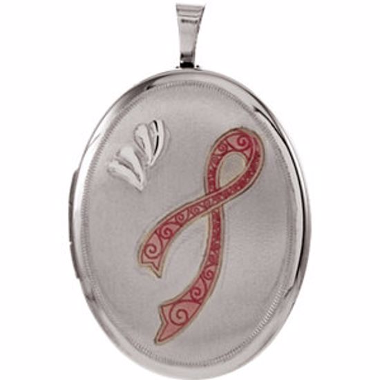 650230:103:P Sterling Silver 26x20mm Oval Breast Cancer Awareness Locket