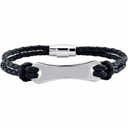 LEG048:303:P Black Leather & Stainless Steel 9" Bracelet