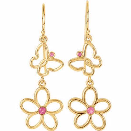 85455:70001:P 14kt Yellow Pink Tourmaline Floral & Butterfly Design Earrings