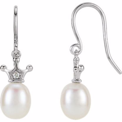 650700:6000:P 14kt White .015 CTW Diamond and Freshwater Cultured Pearl Crown Dangle Earrings