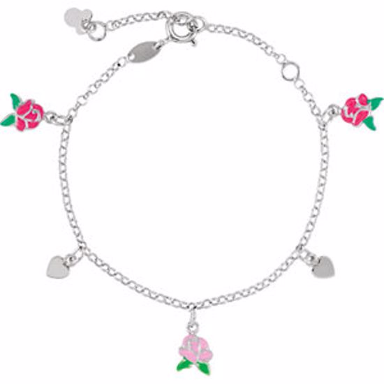 650760:106:P Sterling Silver Belle Enamel Roses & Hearts 5.5-7.5" Bracelet  