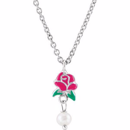 650817:600:P Sterling Silver Belle Enamel Rose & Freshwater Cultured Pearl 14-16" Necklace

