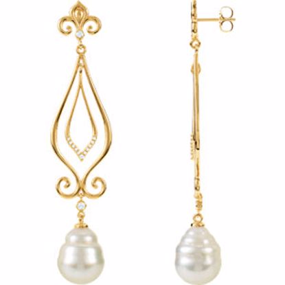 85525:1004:P 14kt Yellow 11mm South Sea Cultured Pearl & 1/6 CTW Diamond Earrings