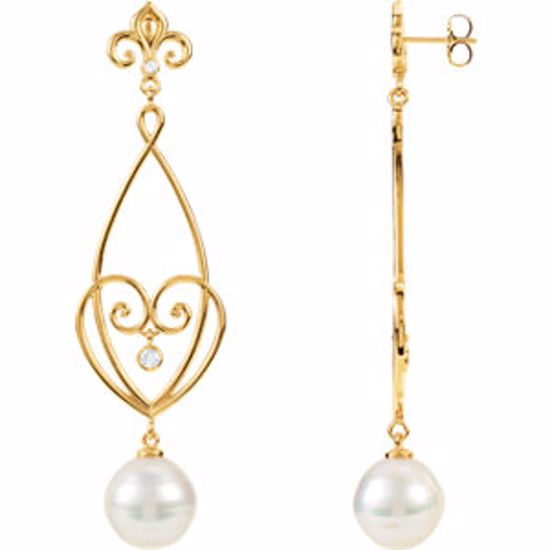 85539:1003:P 14kt Yellow 11mm South Sea Cultured Pearl & 1/10 CTW Diamond Earrings