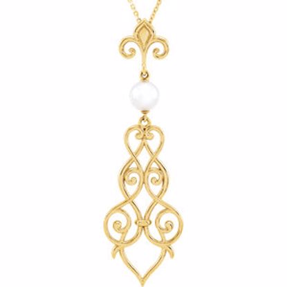 85637:70000:P 14kt Yellow 6mm Pearl Fleur-De-Lis Scroll 18" Necklace