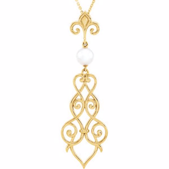 85637:70000:P 14kt Yellow 6mm Pearl Fleur-De-Lis Scroll 18" Necklace