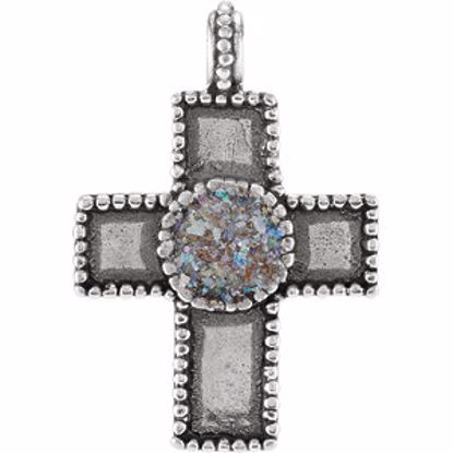 R45381:100:P Sterling Silver Cross Pendant with Ancient Roman Glass Design