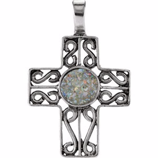 R45379:100:P Sterling Silver Cross Pendant with Ancient Roman Glass Design