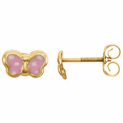 192024:1000:P 14kt Yellow Pink Enamel Butterfly Earrings