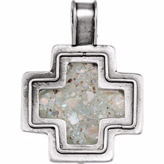 R45388:101:P Sterling Silver 34.45x24.45mm Cross Pendant with Ancient Roman Glass