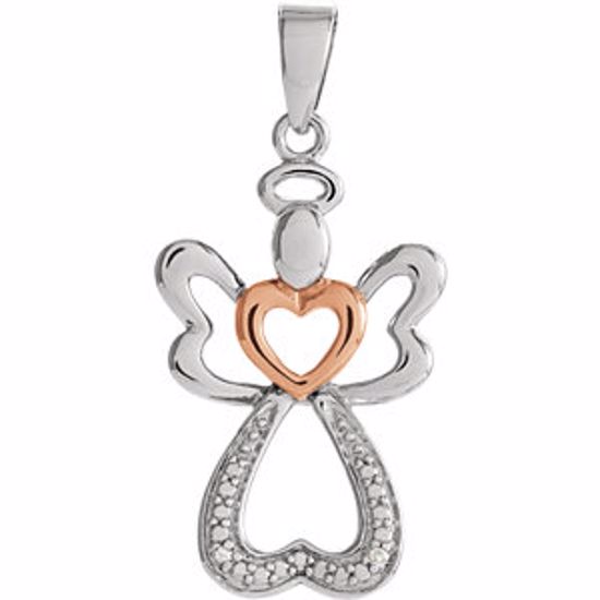 651052:100:P Sterling Silver 28x12.6mm Diamond Angel Pendant with Rose Gold Vermeil