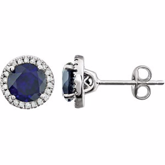 651302:70008:P 14kt White Created Blue Sapphire & 1/8 CTW Diamond Earrings