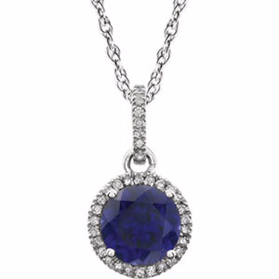 651301:70008:P 14kt White Created Blue Sapphire & 1/10 CTW Diamond 18" Necklace