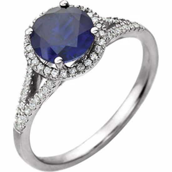 651300:70008:P 14kt White Created Blue Sapphire & 1/5 CTW Diamond Ring