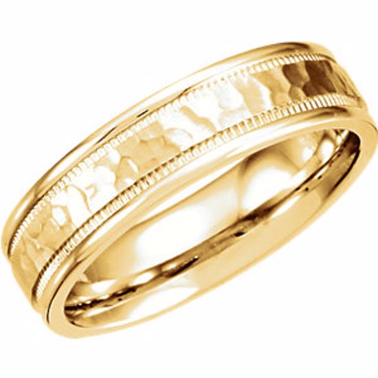 51209:174:P 14kt Yellow 6mm Fancy Carved Band with Micro-Hammer Finish Size 9.5