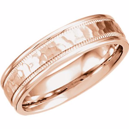 51209:126:P 14kt Rose 6mm Fancy Carved Band with Micro-Hammer Finish Size 6.5