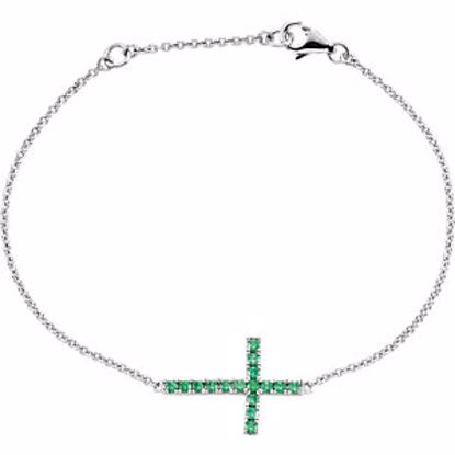 651343:104:P Sterling Silver Green Cubic Zirconia Sideways Cross 8" Bracelet