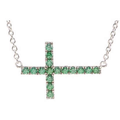 651343:105:P Sterling Silver Green Cubic Zirconia Sideways Cross 18" Necklace