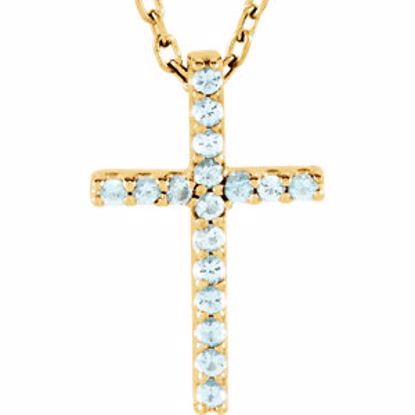 R42147:114:P 14kt Yellow Aquamarine Cross 16" Necklace 