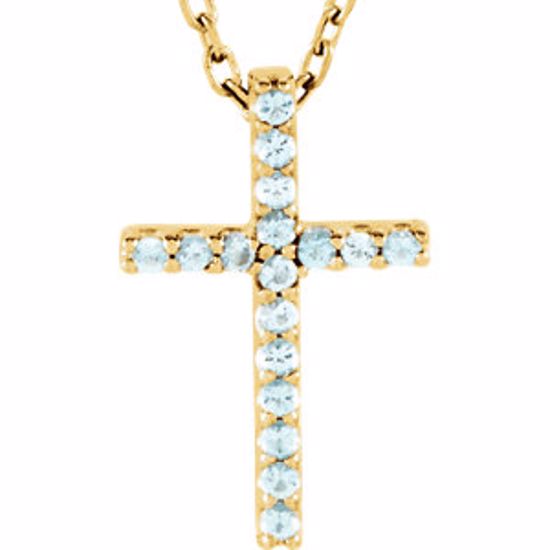 R42147:114:P 14kt Yellow Aquamarine Cross 16" Necklace 