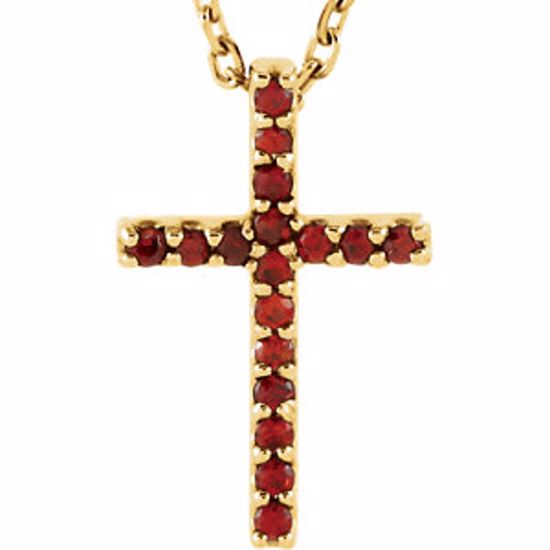 R42147:109:P 14kt Yellow Mozambique Garnet Cross 16" Necklace 