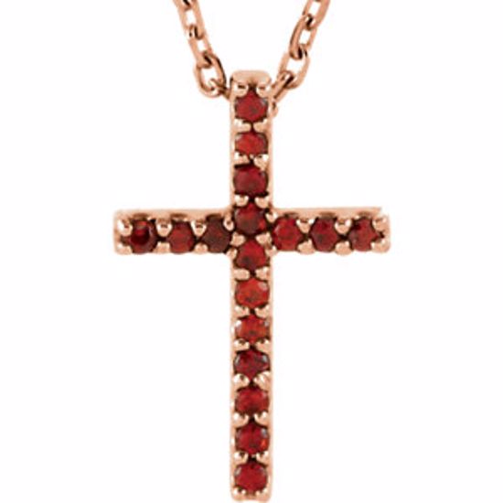 R42147:110:P 14kt Rose Mozambique Garnet Cross 16" Necklace 