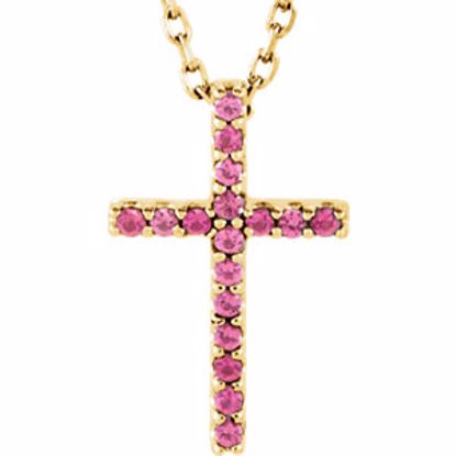 R42147:116:P 14kt Yellow Pink Tourmaline Cross 16" Necklace 