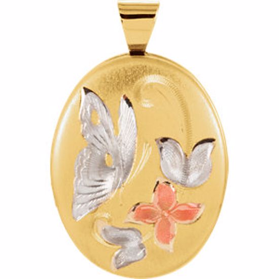 86041:1000:P 14kt Yellow Oval Butterfly & Flowers Locket with Epoxy