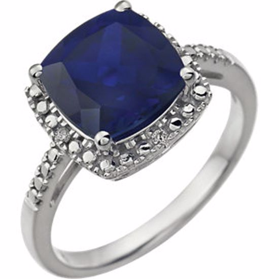 651604:104:P 14kt White Created Blue Sapphire & .03 CTW Diamond Ring 