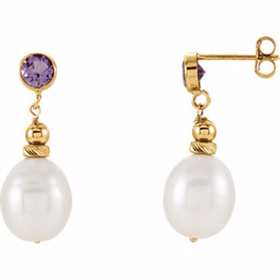 651651:100:P 14kt Yellow Freshwater Pearl & Amethyst Earrings