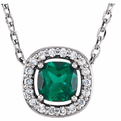 86068:101:P 14kt White Chatham® Created Emerald & .04 CTW Diamond 16" Necklace