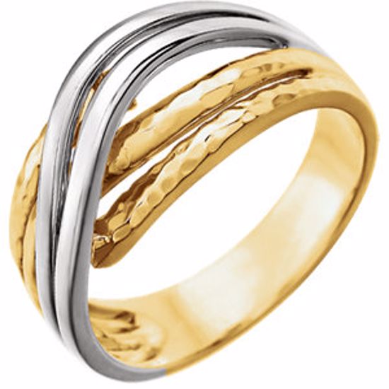51374:1000:P 14kt Yellow & White Overlap Hammered Ring