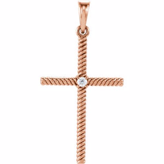 R42329:6006:P 14kt Rose .03 CTW Diamond 31.95x16.3mm Rope Design Cross Pendant 