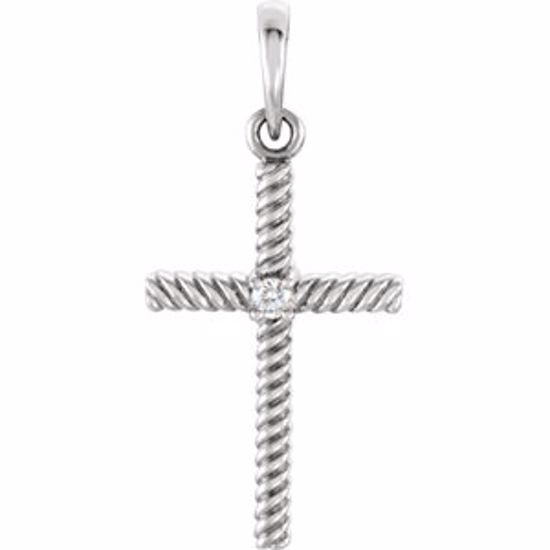 R42329:6009:P 14kt White .02 CTW Diamond 24.25x11.35mm Rope Design Cross Pendant 