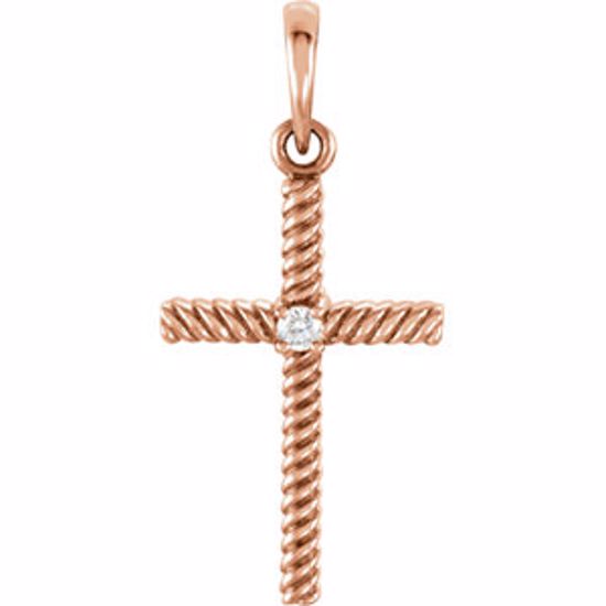 R42329:6010:P 14kt Rose .02 CTW Diamond 24.25x11.35mm Rope Design Cross Pendant 